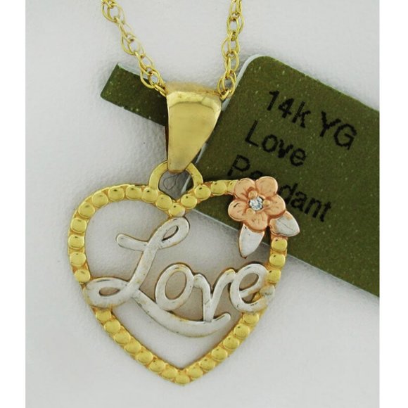 Genuine Diamond Love Pendant Necklace 14k Three Tone Solid Gold
